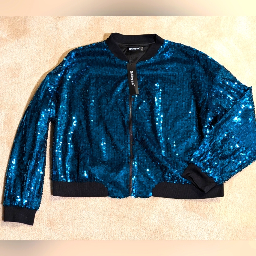 NWT Allegra K Teal Blue Sequin Sparkle Zip Front Bomber Evening Jacket Y2K L - Picture 5 of 10